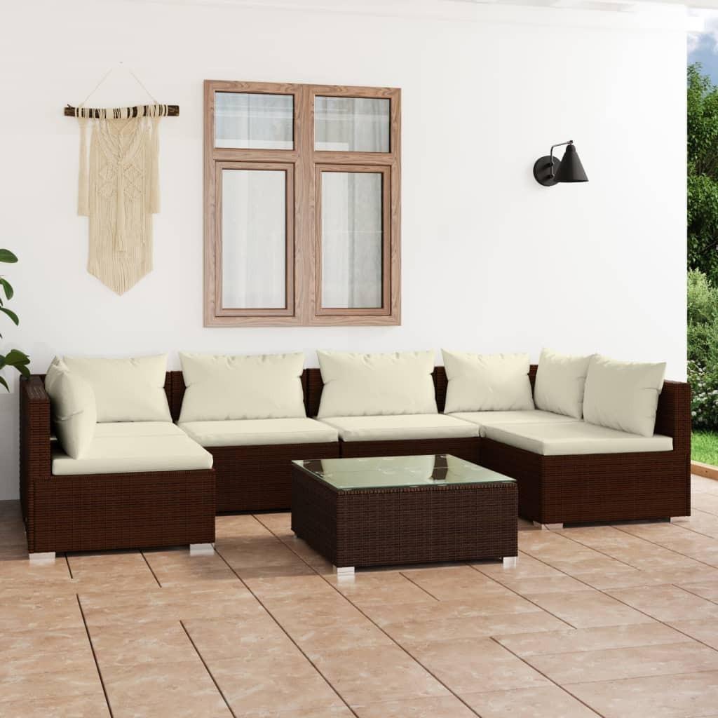 Loungesæt til haven 7 dele med hynder polyrattan brun