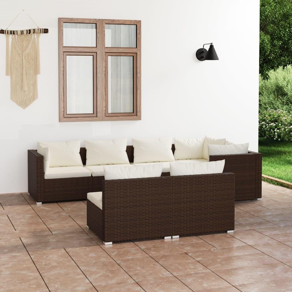 Loungesæt til haven 7 dele med hynder polyrattan brun