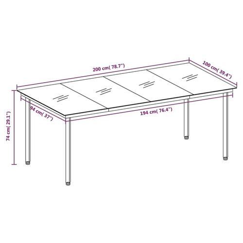 Havebord 200x100x74 cm stål og glas sort
