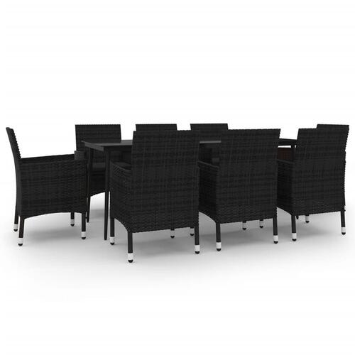 Spisebordssæt til haven 9 dele med hynder polyrattan og glas