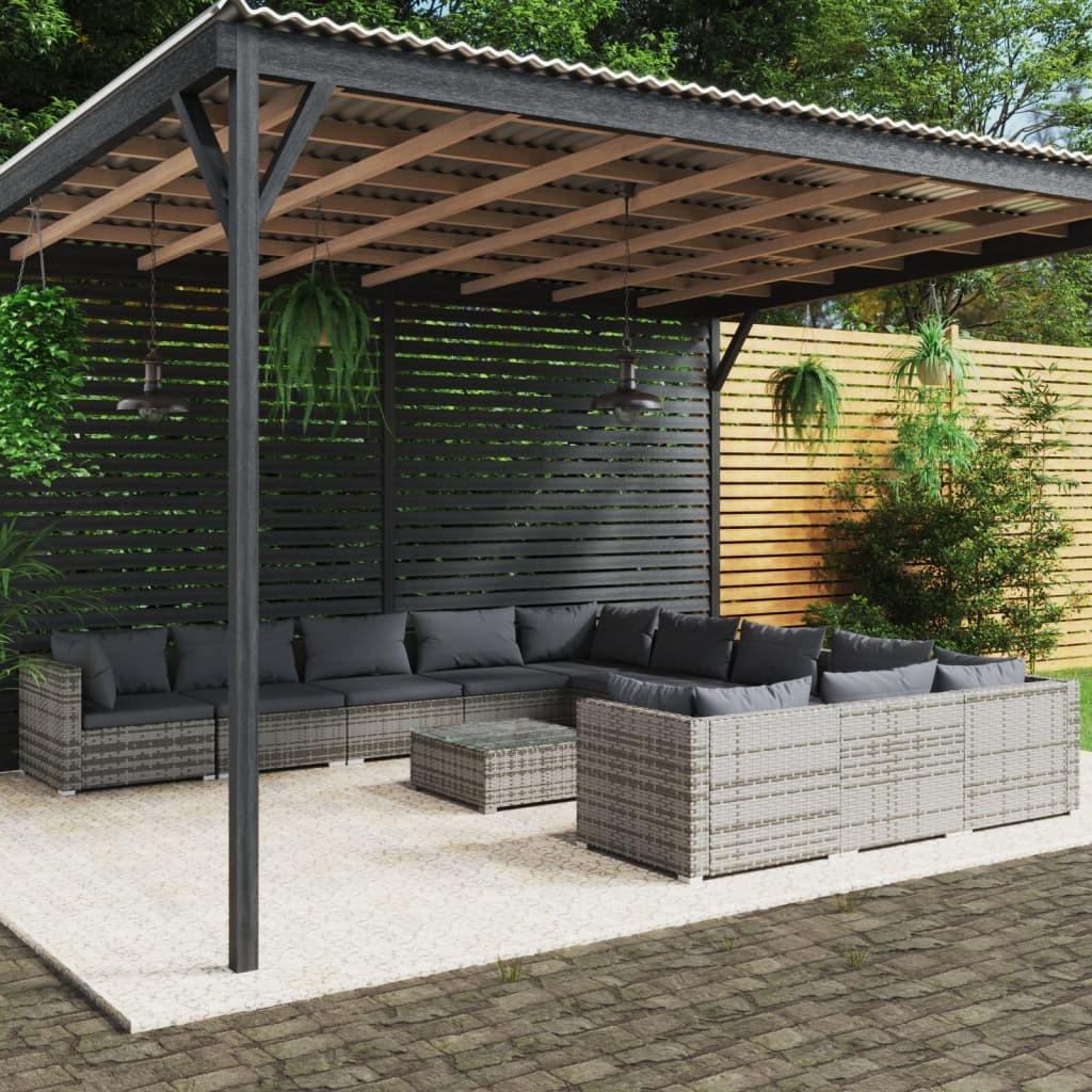 Loungesæt til haven 12 dele med hynder polyrattan grå billede