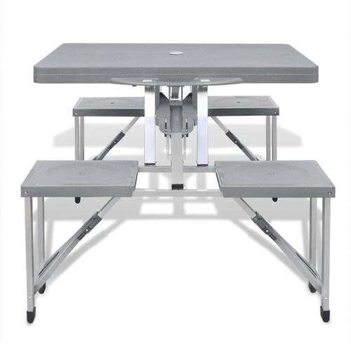 Foldbart campingbordsæt med 4 taburetter i aluminium, ekstra let, grå