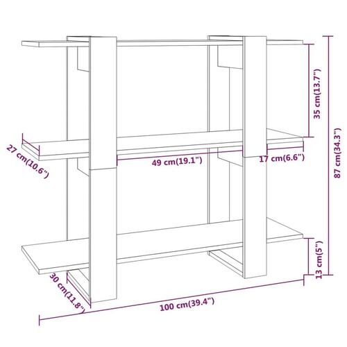 Bogreol/rumdeler 100x30x87 cm fyrretræ hvid