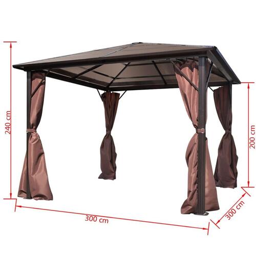 Havepavillon med gardin brun aluminium 300 x 300 cm