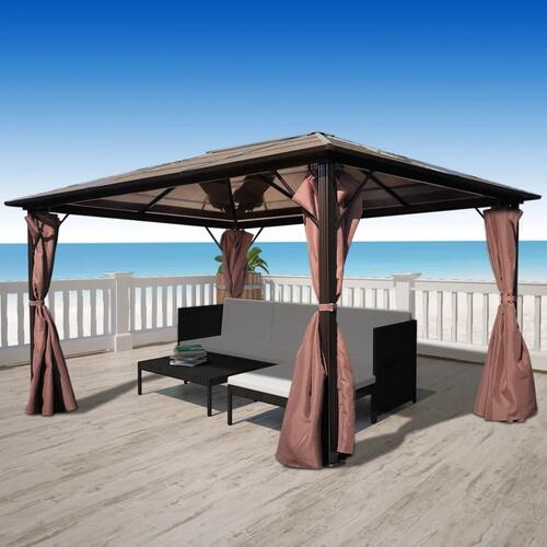 Havepavillon med gardin brun aluminium 400 x 300 cm