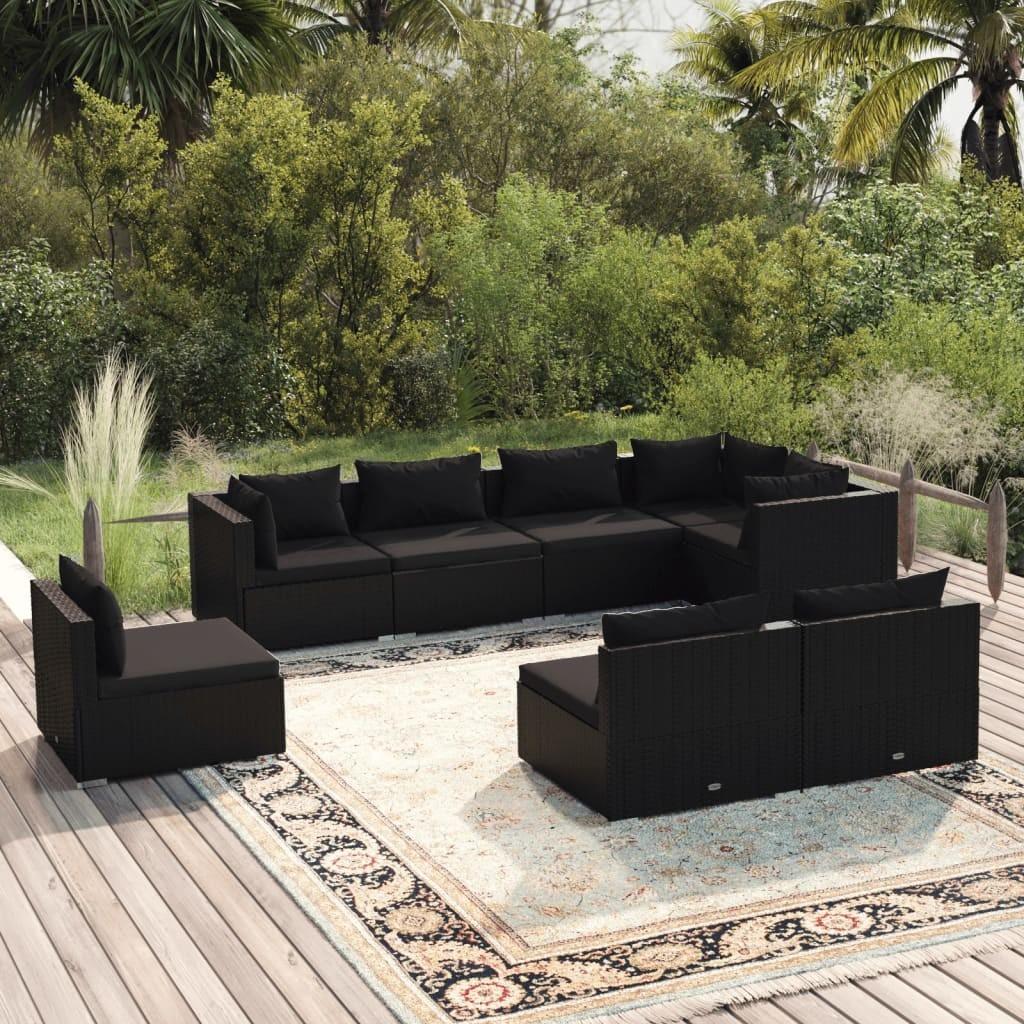 Loungesæt til haven 8 dele med hynder polyrattan sort