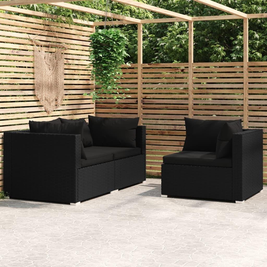 Loungesæt til haven 3 dele med hynder polyrattan sort