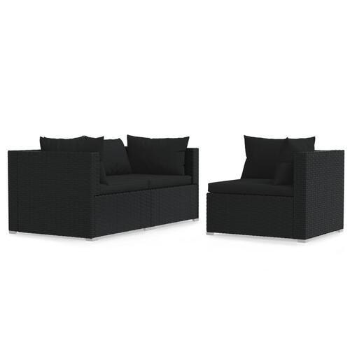 Loungesæt til haven 3 dele med hynder polyrattan sort