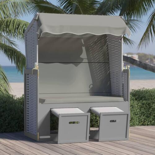 Strandstol med baldakin polyrattan og massivt træ grå