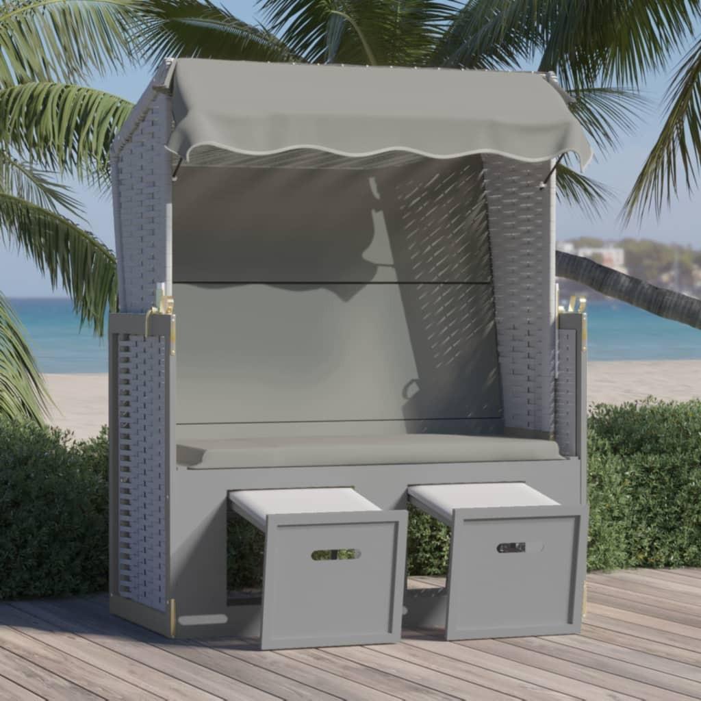 Strandstol med baldakin polyrattan og massivt træ grå