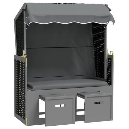 Strandstol m. baldakin polyrattan + massivt træ antracit + sort