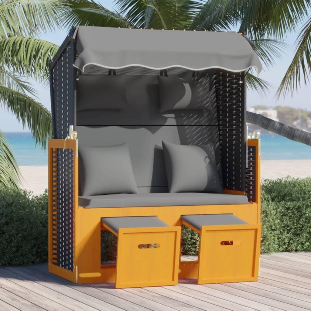 Strandstol m. hynder polyrattan og massivt træ sort og antracit