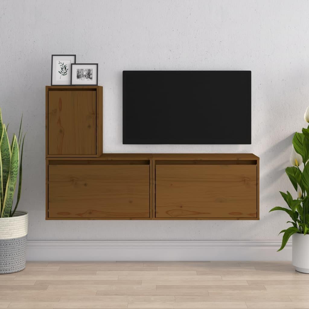 Tv-skabe 3 dele massivt fyrretræ gyldenbrun