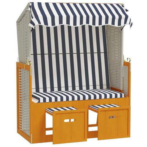 Strandstol med baldakin polyrattan og massivt træ hvid og blå