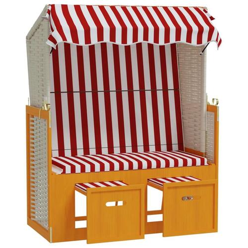Strandstol med baldakin polyrattan og massivt træ rød og hvid