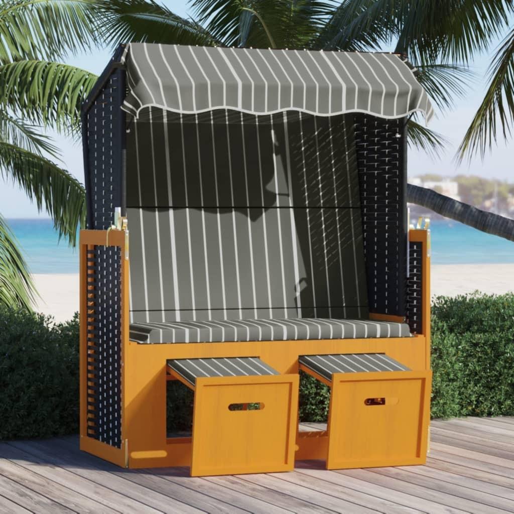 Strandstol med baldakin polyrattan og massivt træ sort og grå