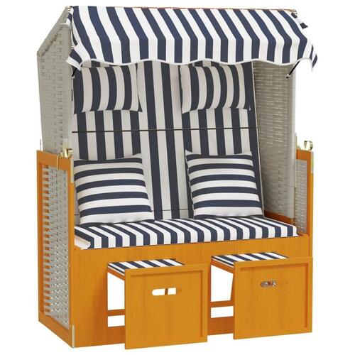 Strandstol med hynder polyrattan og massivt træ hvid og blå