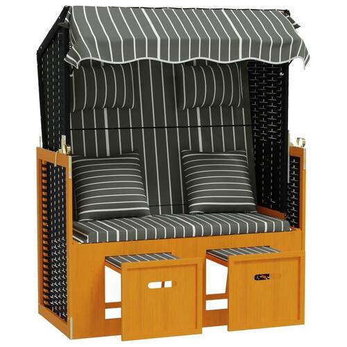 Strandstol med hynder polyrattan og massivt træ sort og grå