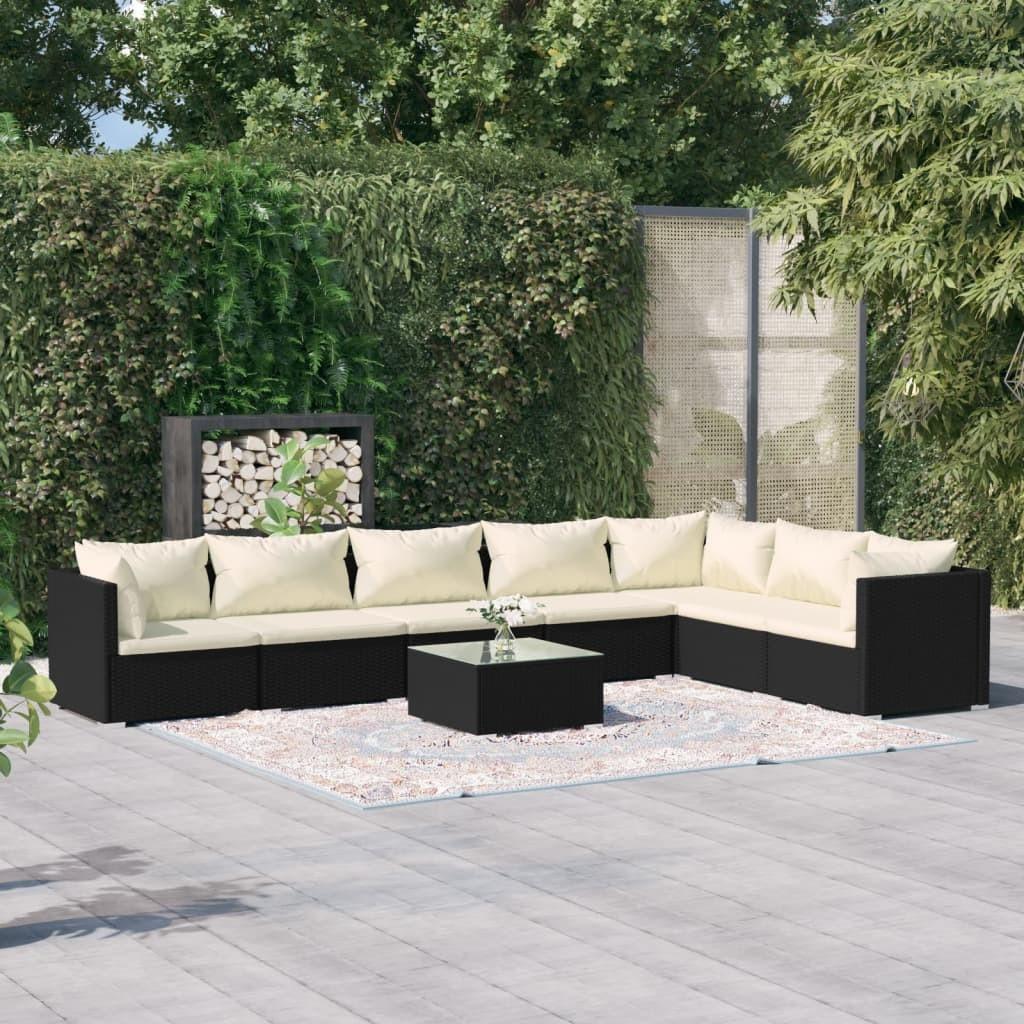 Loungesæt til haven 8 dele med hynder polyrattan sort