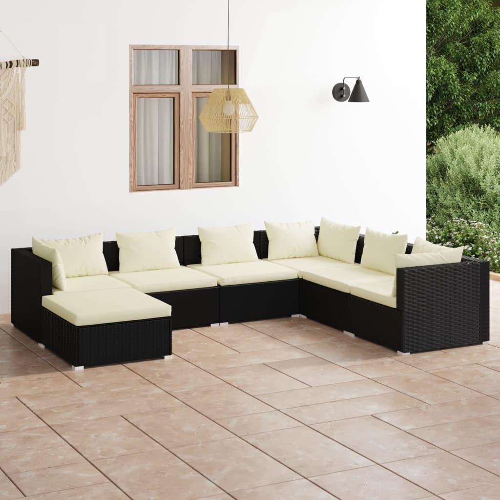 Loungesæt til haven 7 dele med hynder polyrattan sort billede