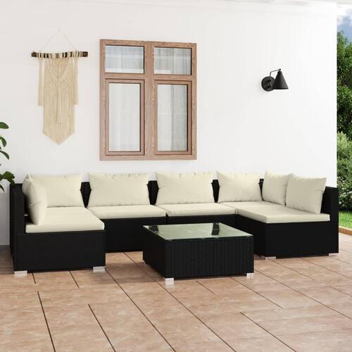 Loungesæt til haven 7 dele med hynder polyrattan sort