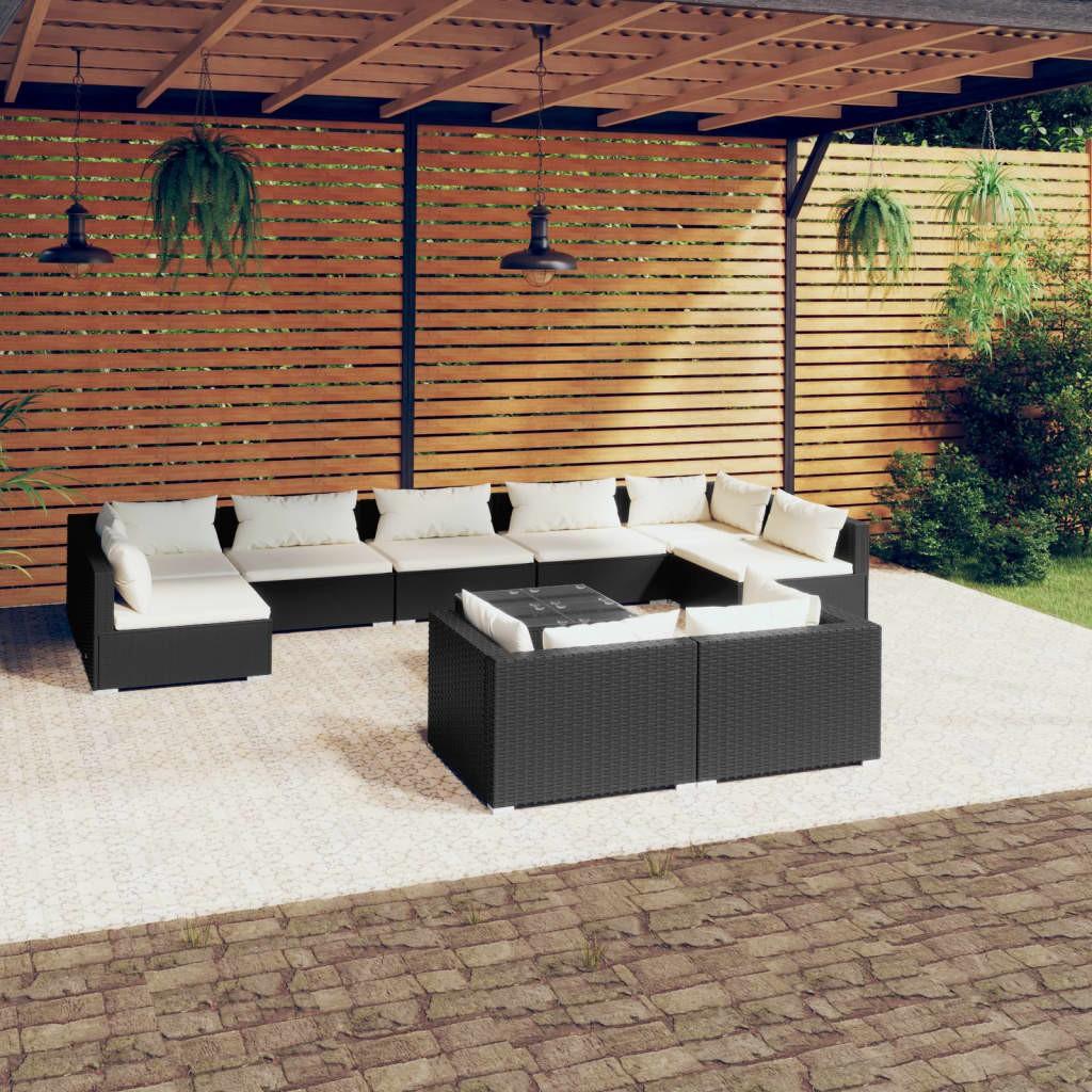 Loungesæt til haven 10 dele med hynder polyrattan sort billede