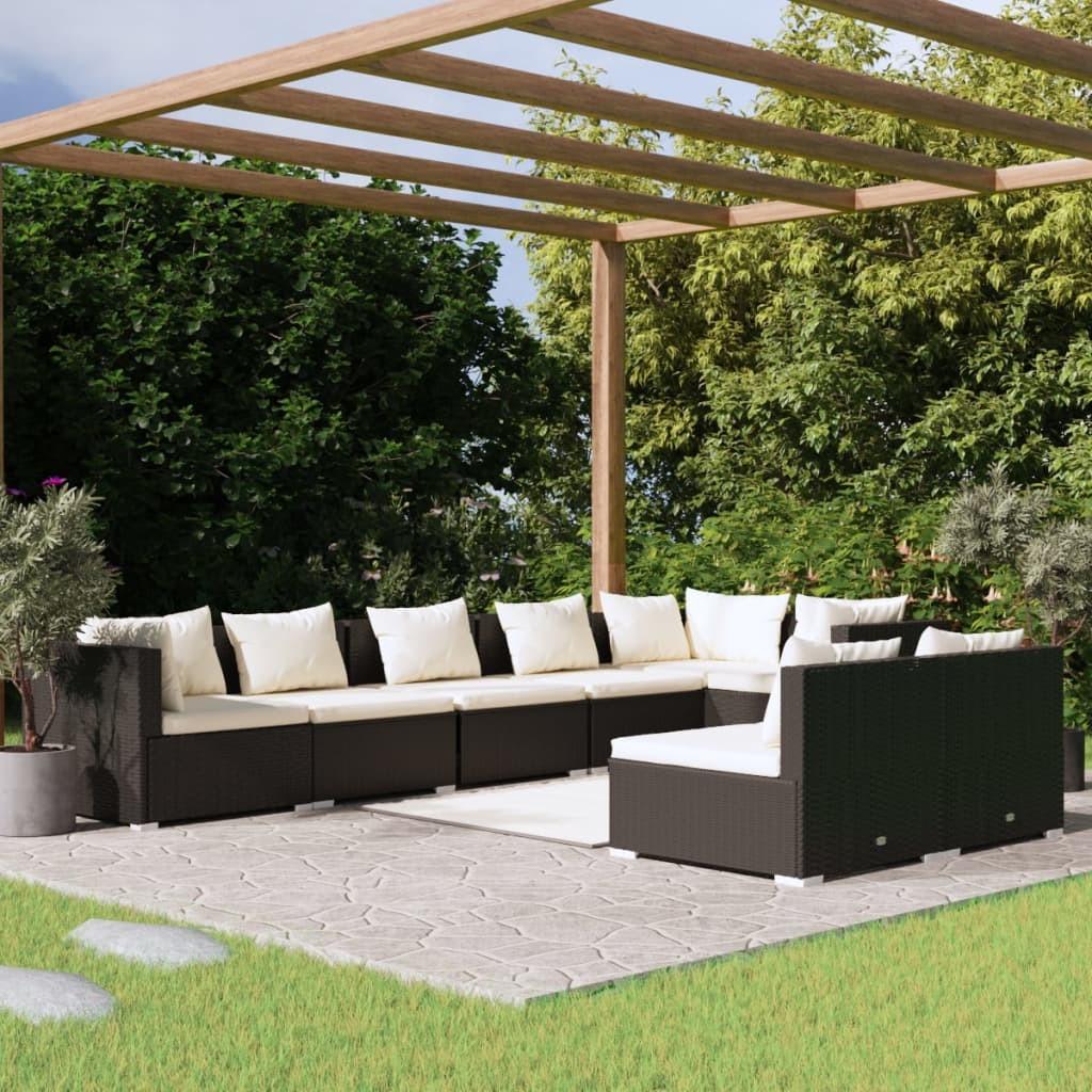 Loungesæt til haven 8 dele med hynder polyrattan sort