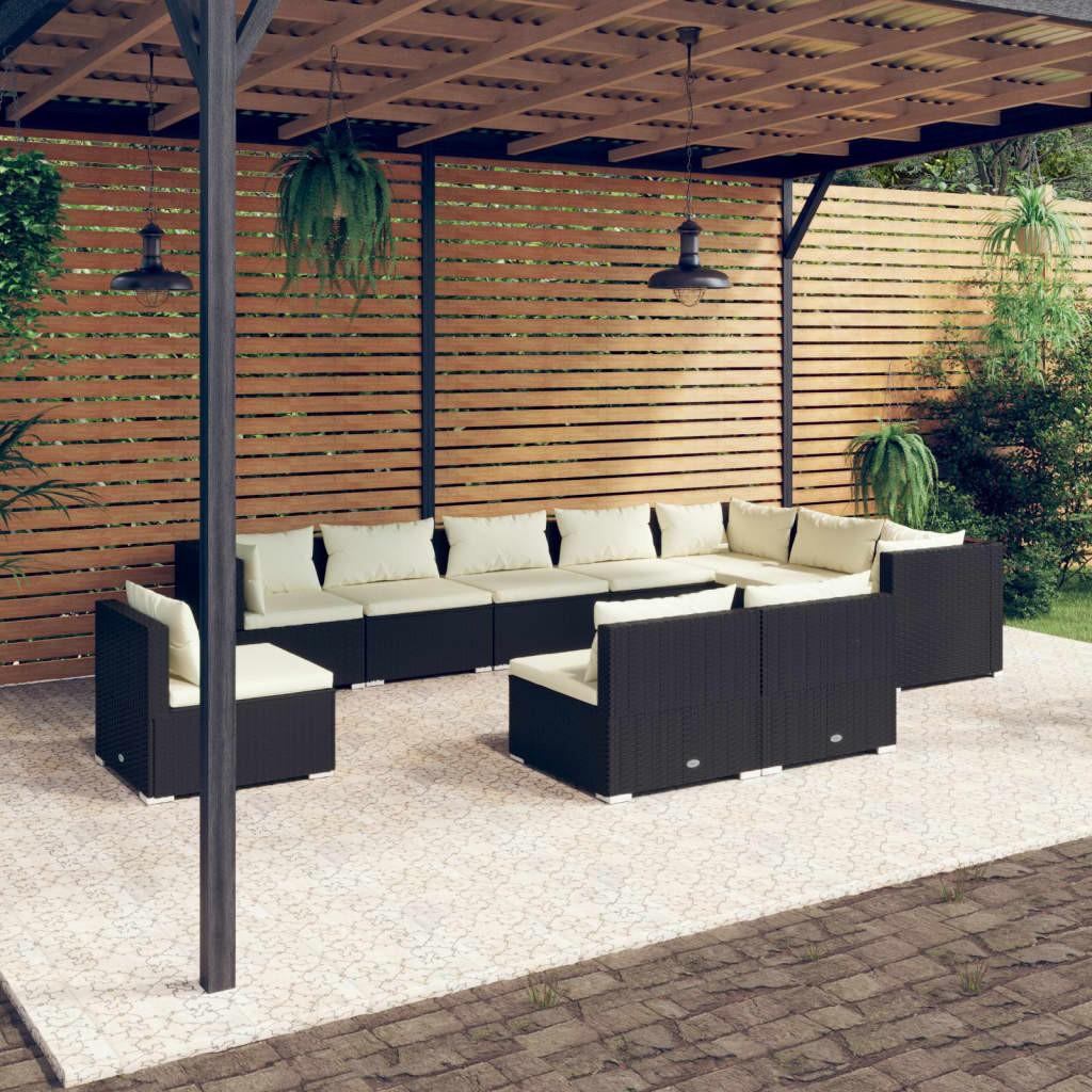 Loungesæt til haven 10 dele med hynder polyrattan sort