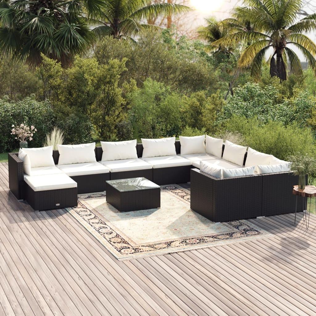 Loungesæt til haven 11 dele med hynder polyrattan sort billede