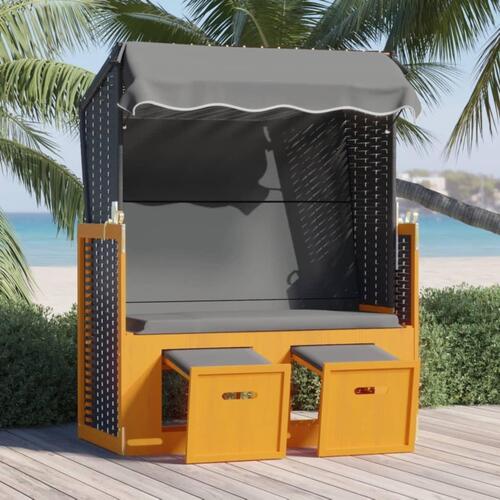 Strandstol m. baldakin polyrattan massivt træ sort og antracit
