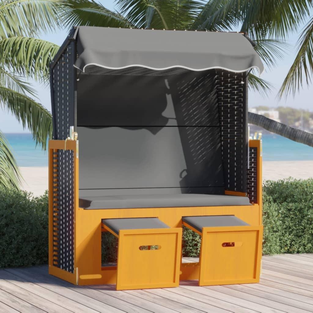 Strandstol m. baldakin polyrattan massivt træ sort og antracit