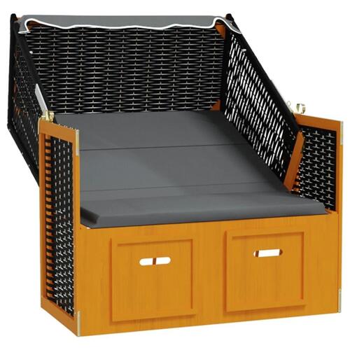Strandstol m. baldakin polyrattan massivt træ sort og antracit