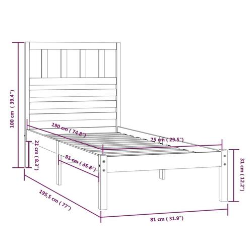 Sengeramme 75x190 cm massivt fyrretræ sort