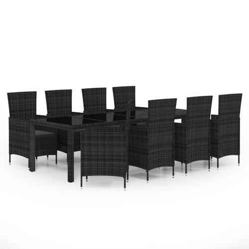 Udendørs spisebordssæt 9 dele med hynder polyrattan sort