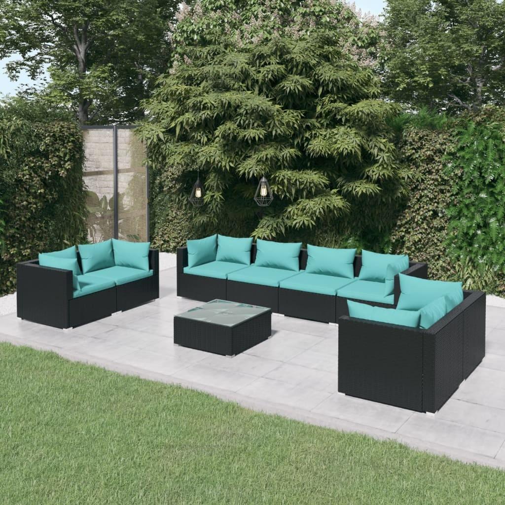 Loungesæt til haven 9 dele med hynder polyrattan sort billede