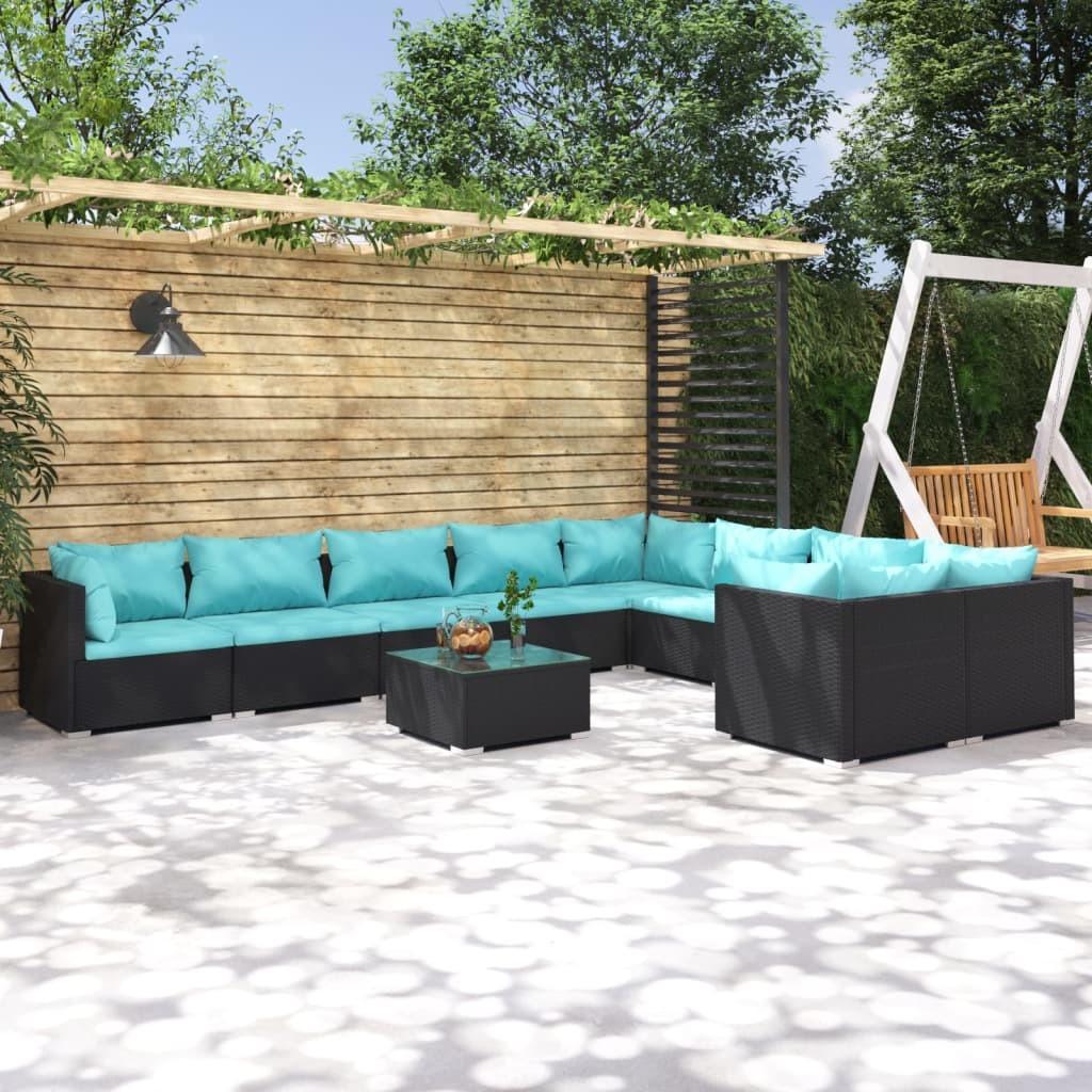 Loungesæt til haven 10 dele med hynder polyrattan sort billede