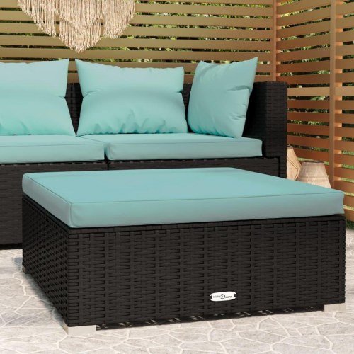 Fodskammel til haven med hynde 70×70×30 cm - polyrattan, sort/akvamarin