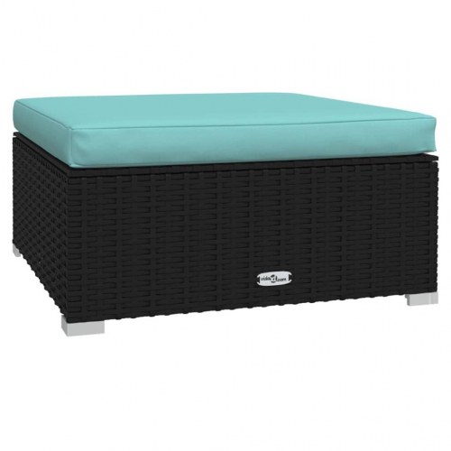 Fodskammel til haven med hynde 70×70×30 cm - polyrattan, sort/akvamarin