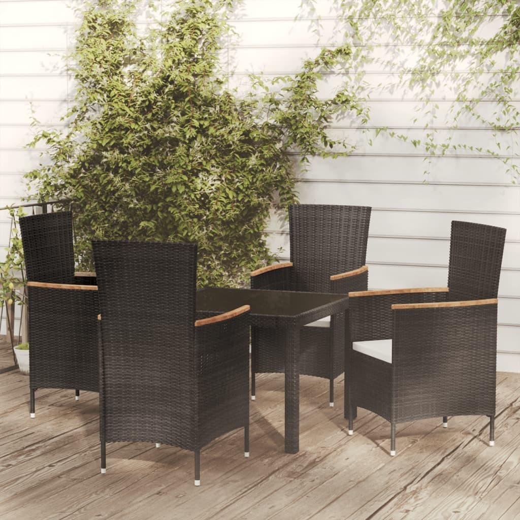 Udendørs spisebordssæt 5 dele med hynder polyrattan sort