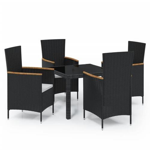 Udendørs spisebordssæt 5 dele med hynder polyrattan sort