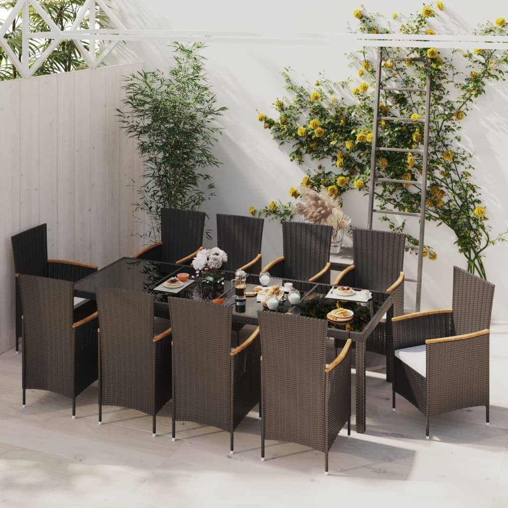 Udendørs spisebordssæt 11 dele med hynder polyrattan sort