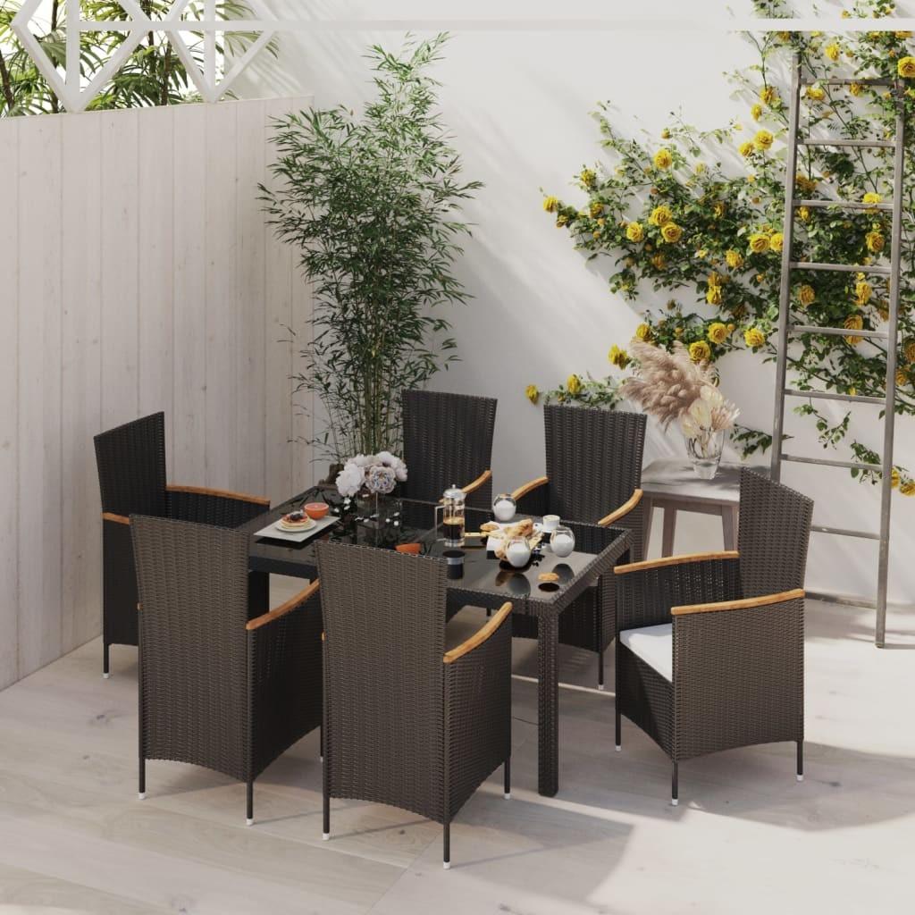 Udendørs spisebordssæt 7 dele med hynder polyrattan sort
