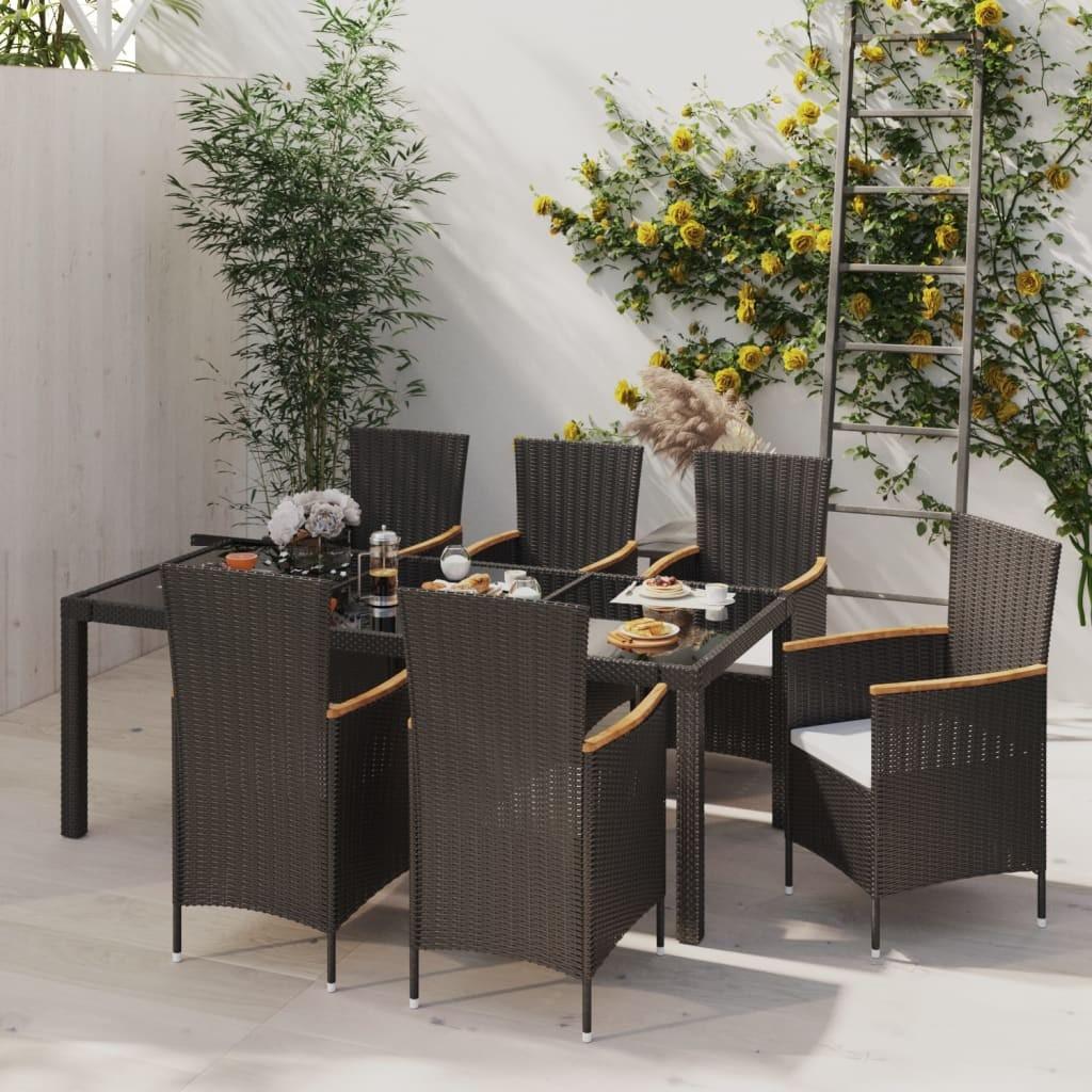 Udendørs spisebordssæt 7 dele med hynder polyrattan sort