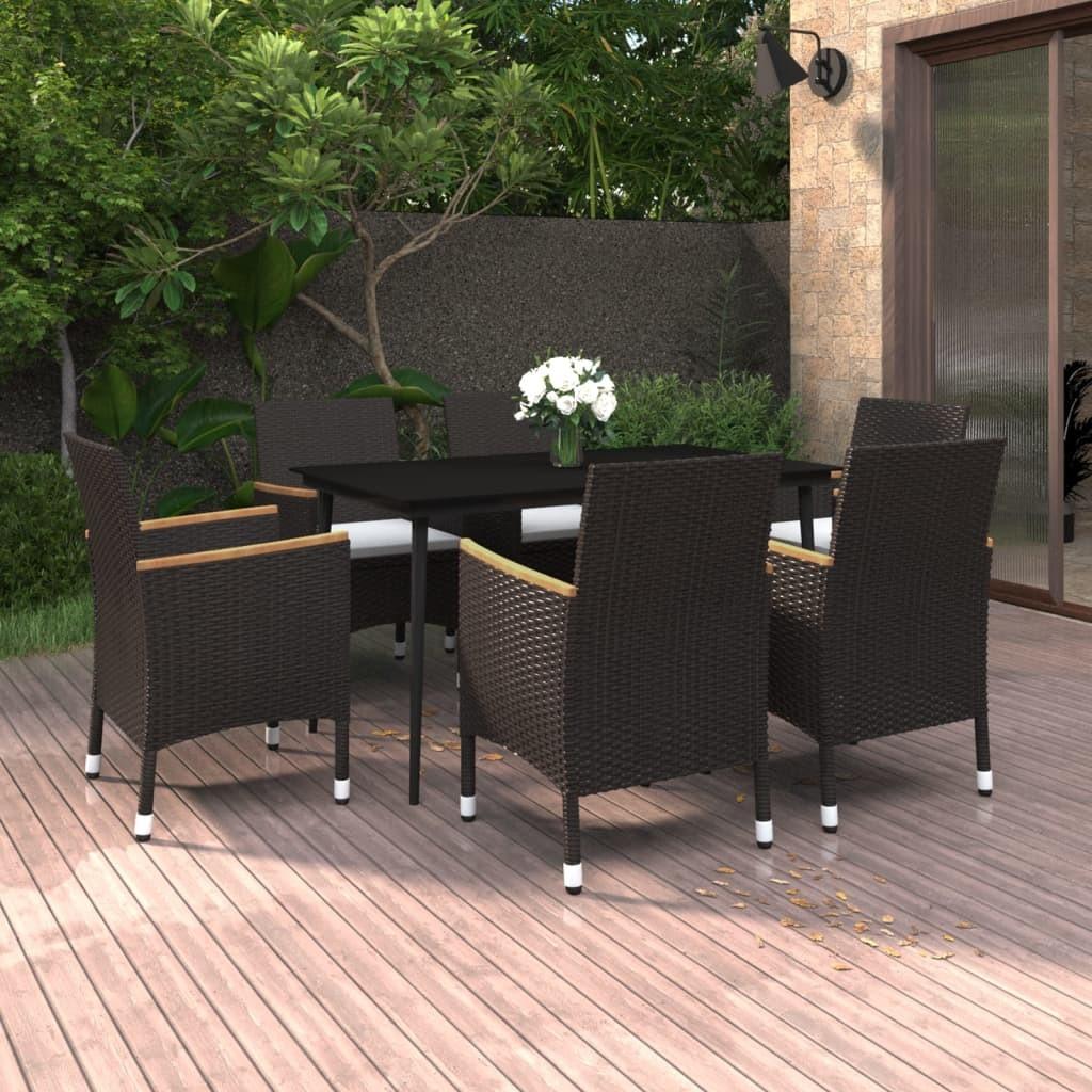 Spisebordssæt til haven 7 dele med hynder polyrattan og glas