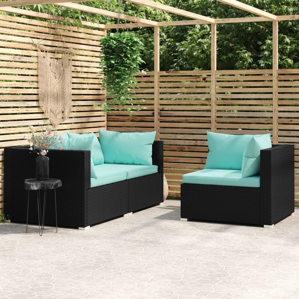 Loungesæt til haven 3 dele med hynder polyrattan sort
