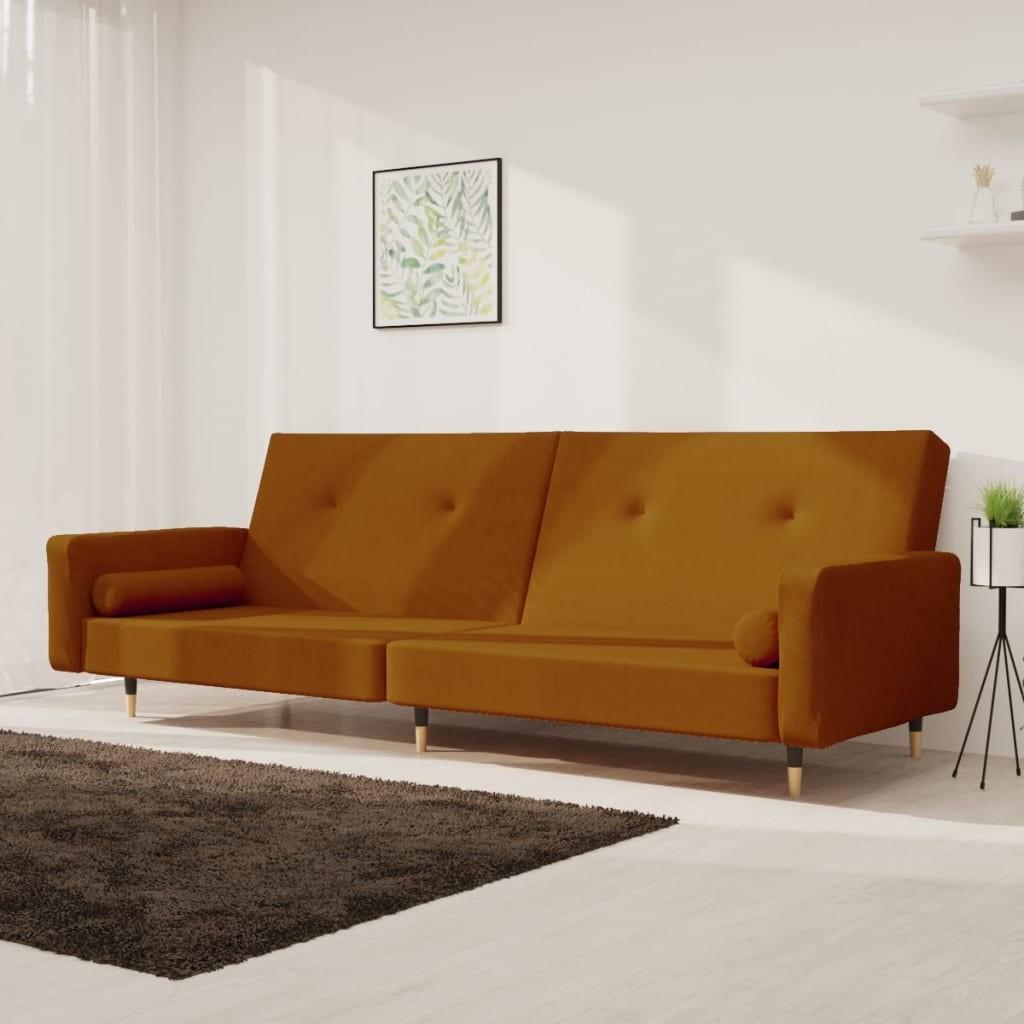 2-personers sovesofa med 2 puder fløjl brun