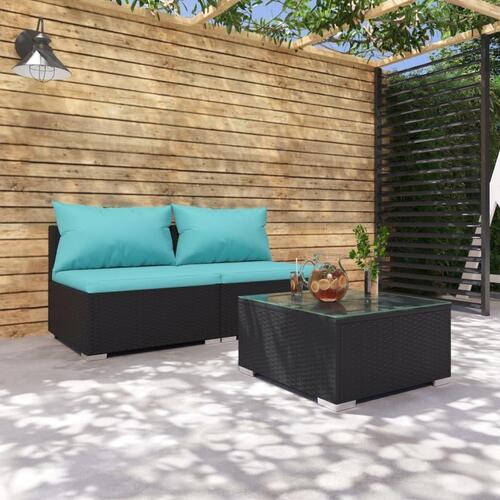 Loungesæt til haven 3 dele med hynder polyrattan sort