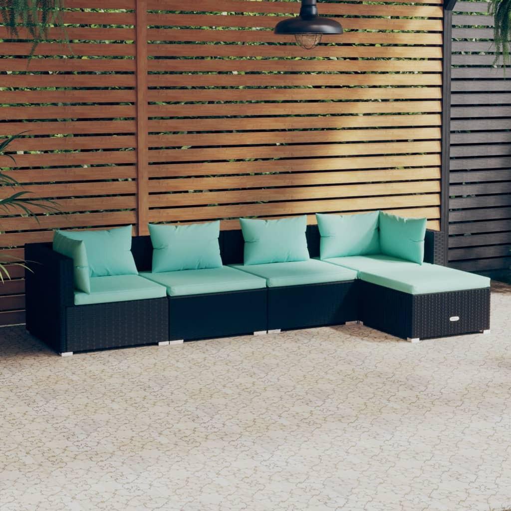 Loungesæt til haven 5 dele med hynder polyrattan sort billede