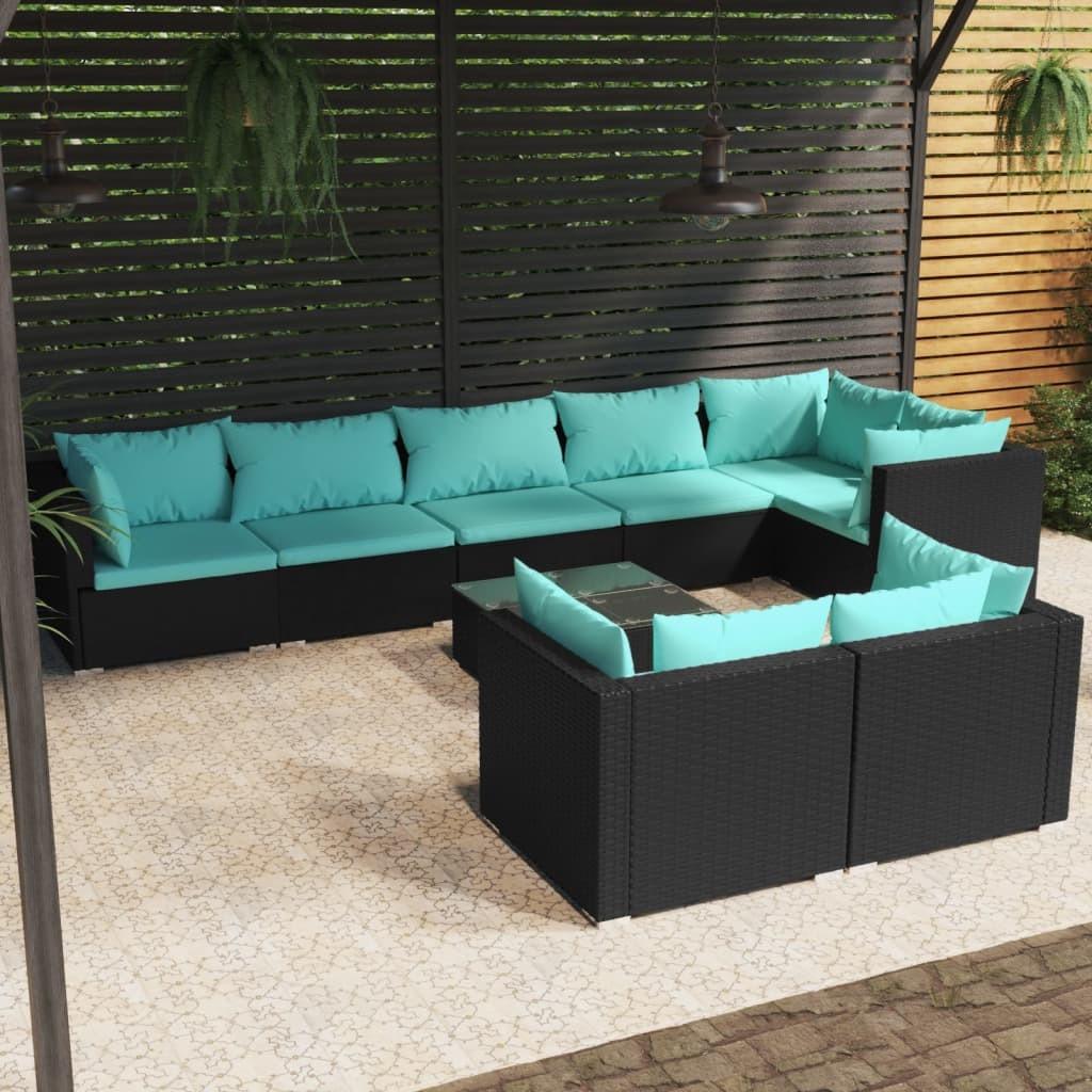 Loungesæt til haven 9 dele med hynder polyrattan sort billede