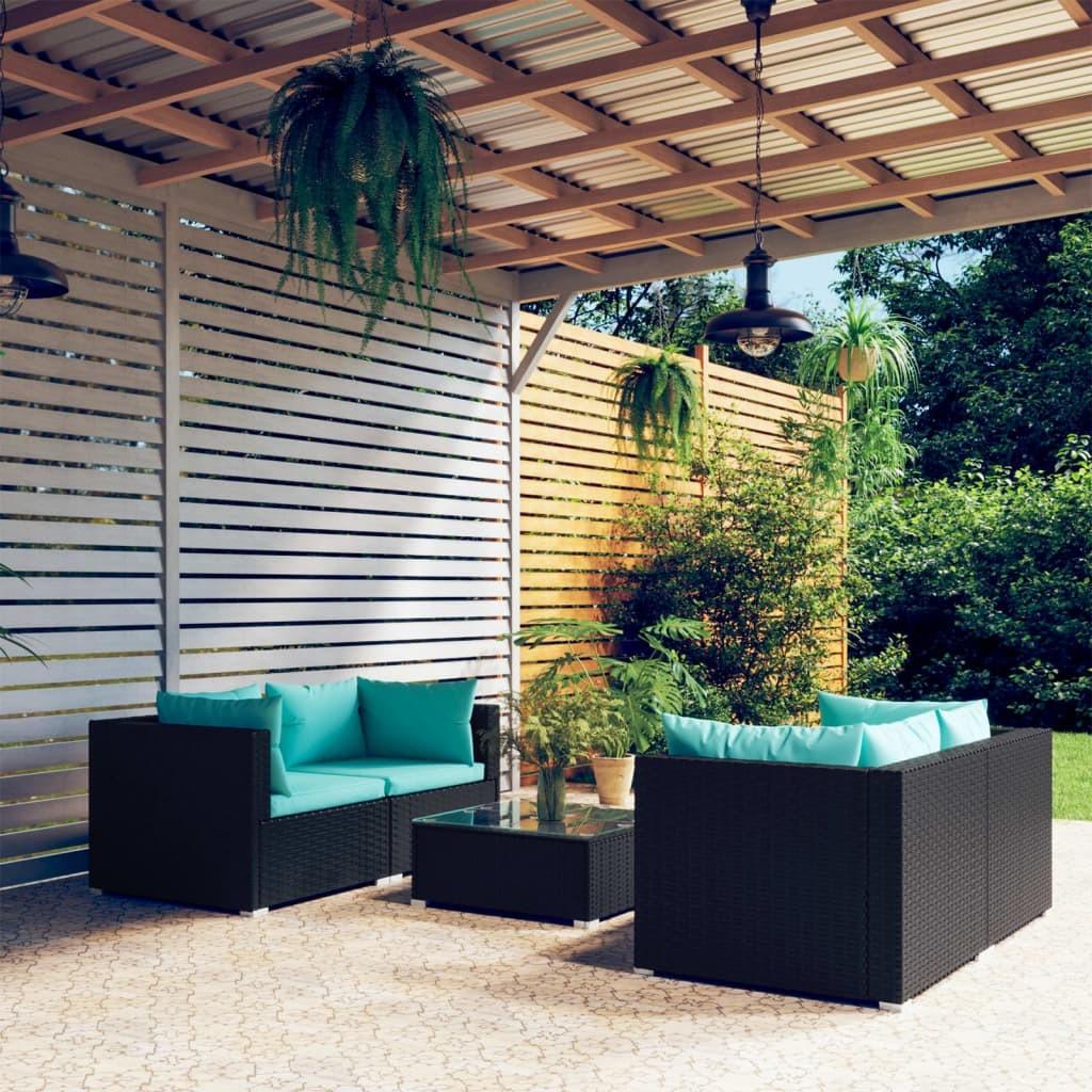 Loungesæt i polyrattan - 5 dele med hynder, sort/akvamarin billede